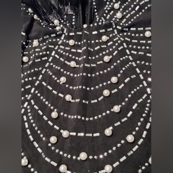 Elegant Real Feather Embellished Black Mesh & Polyester Dress Sz S - Picture 15 of 16